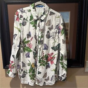 J. McLaughlin Britt Linen Butterfly Floral Button-Up Shirt XL